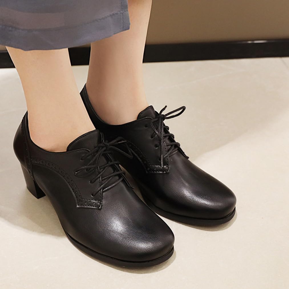 Women's Closed Toe Chunky Block Heel Oxfords Wingtip Lace Up Mid Heel Pumps Vintage Brogue Dress Shoes - Image 2