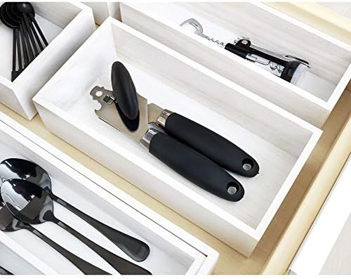 iDesign EcoWood Drawer Organiser, Paulownia Wood Kitchen Drawer Storage Insert, Kitchen Drawer Organiser for Cutlery and Utensils, White Wash