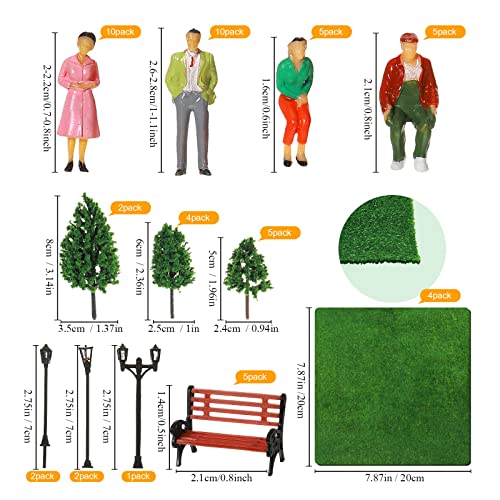 55 Pcs Model Trains Architectural Scale Painted Figures, Include 30 Miniature People 5 Street Lamps 11 Mixed Model Trees 5 Model Park Street Seat 4 Fake Grass For Miniature Scene (1:75) #TOP1