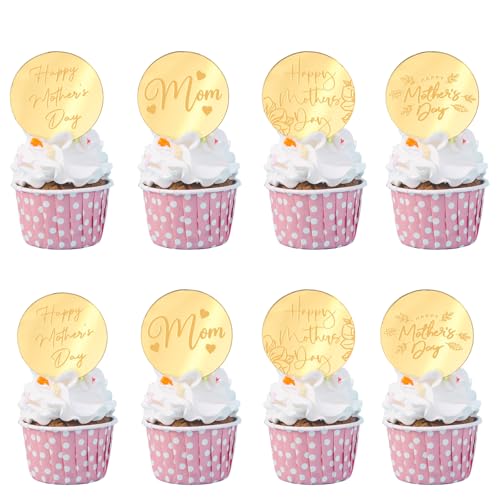 Wolpark 20pcs Gold Happy Mothers Day Cupcake Toppers Mirror Acrylic Mom Cake Disc for Mothers Day Cake Decorations DIY Gift Flower Bouquet Decor