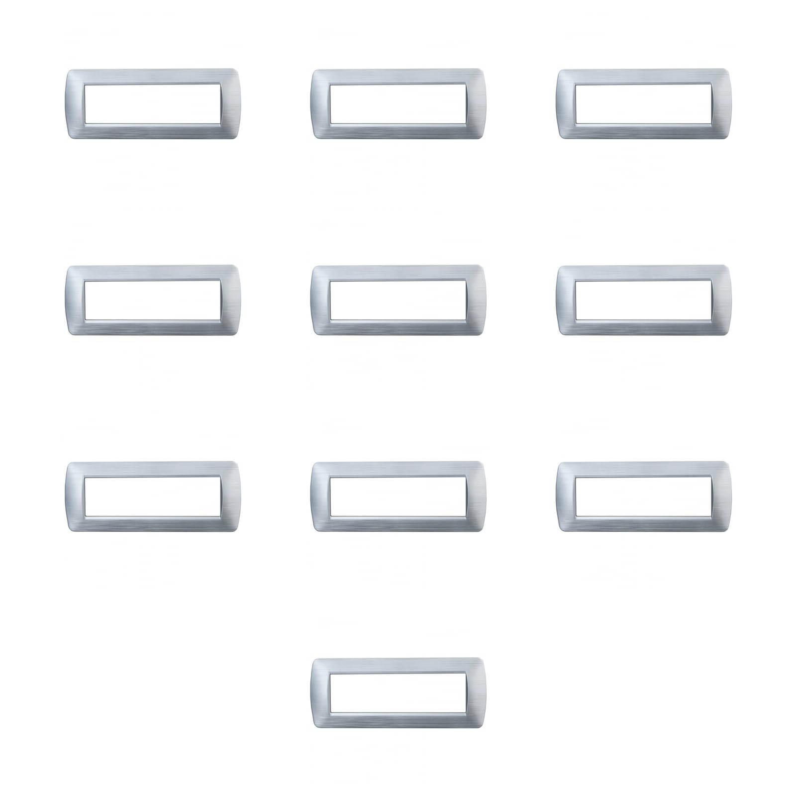 CONFEZIONE DA 10 PLACCHE IN PLASTICA SATINATA, COMPATIBILE CON BTICINO LIVING, 7 MODULI/POSTI, COLORE ARGENTO, DESIGN ELEGANTE E MODERNO, PER INTERRUTTORI/PRESE, TECNOPOLIMERO DI ALTA QUALITA'