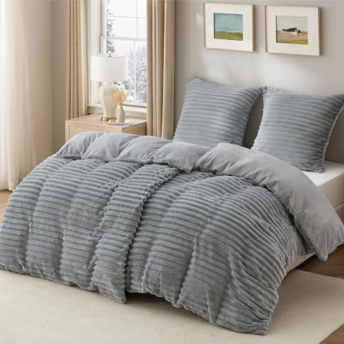 BEDSURE Flanell Bettwäsche 135x200 4teilig Grau | Rippen-Flanell Bettwäsche Set, 300g/m², flauschig warm, mit Reißverschluss, ÖKO-TEX, ideal für Winter