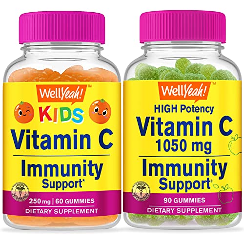Wellyeah Kids Vitamin C + Vitamin C 1050 Mg Gummies Bundle - Immune Support Dietary Supplement, Antioxidant Support - Non-Gmo, Gluten Free #TOP8