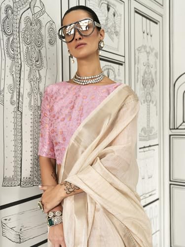 Image of MADHUHANSH Women's Cotton Linen Saree with Unstitched Blouse Piece and Solid Pattern | Mithila Painting Saree | Saree for Haldi Ceremony