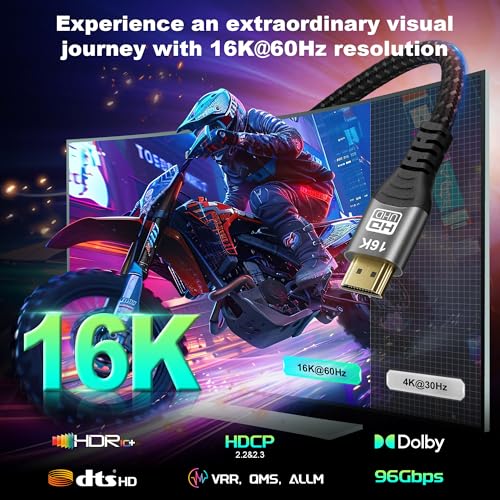 MOPOCHG 16K 10K 8K HDMI 2.2 Cable, 96Gbps Ultra High Speed HDMI Braided Cord, Support 16K@60Hz 8K@60Hz 4K@120Hz HDCP 2.2&2.3, Dynamic HDR,eARC,DTS:X, for Roku TV/HDTV/PS5/Xbox (3M/10Feet) by MOPOCHG - Used condition - Image 3