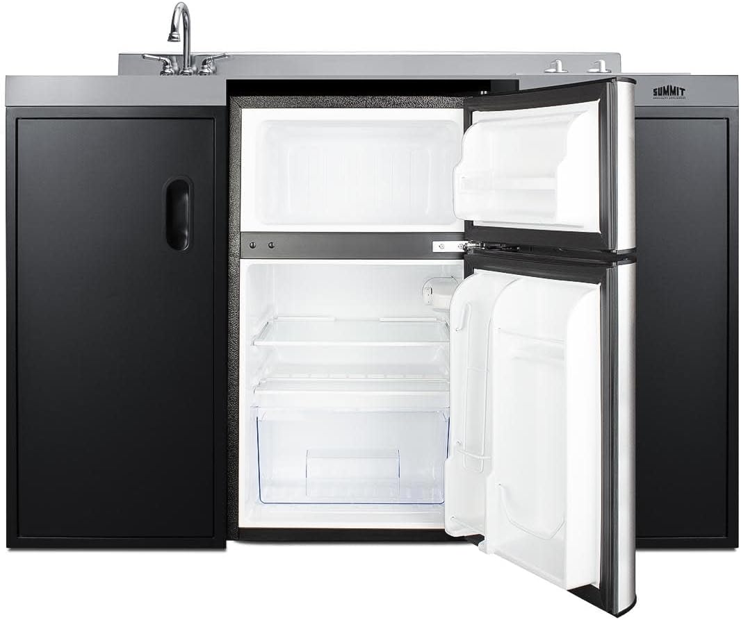 Summit 54" Wide All-In-One Kitchenette, 2-door refrigerator-freezer, 2-Burner Cooktop, Sink, and Storage, Black and Stainless- CK55ADASINKR (SINKR)