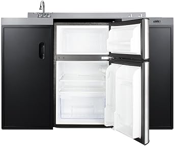 Summit 54 Wide All-In-One Kitchenette, Black and Stainless- CK55ADASINKR | Includes 2-door refrigerator-freezer, 2-Burner Cooktop, Sink (On Right Hand Side), and Storage