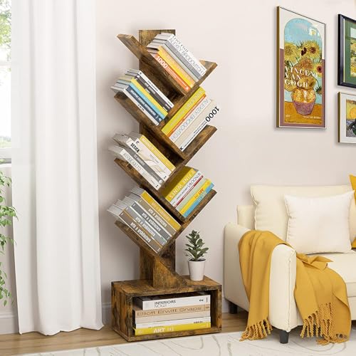 Image of Hoctieon 6 Tier Tree Bookshelf, Tall Bookcase with Drawer, Freestanding Book Shelf, Display Floor Standing Storage Shelf, Book Organizer Shelves for Home Office, Rustic Brown