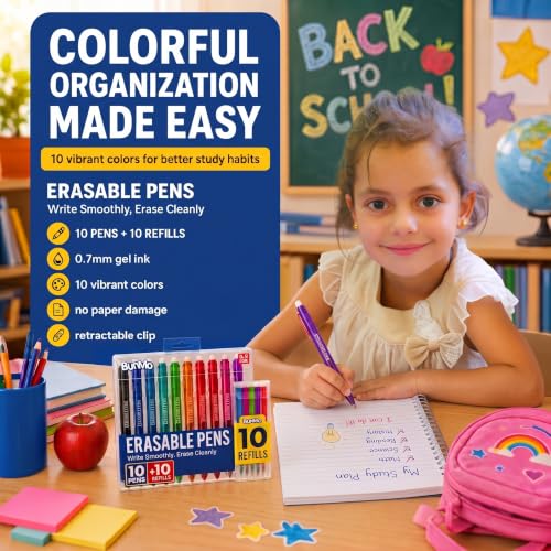 Image of BUNMO Erasable Gel Pens - Multicolor Erasable Colored Pencils for Smooth Writing & Drawing - Gifts for Teens - 10 Colorful Pens with 10 Refills Included