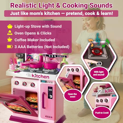 OLEOCA Kids Kitchen Playset — Toy Stove with Lights & Sound, Sink with Running Water, Oven, 53 Accessories & Cooking Tools, Pretend Cooking Gift for Girls Ages 3+