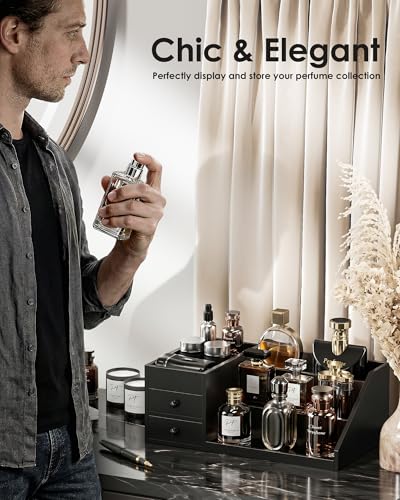 Miniatura 7 de Procase Organizador De Colonia De Madera Con 3 Niveles Y Cajones,Estante De Exhibición De Perfumes, Soporte De Escritorio Para Fragancias Y Cosméticos, Diseño Elevado Y Barras Protectores Negro