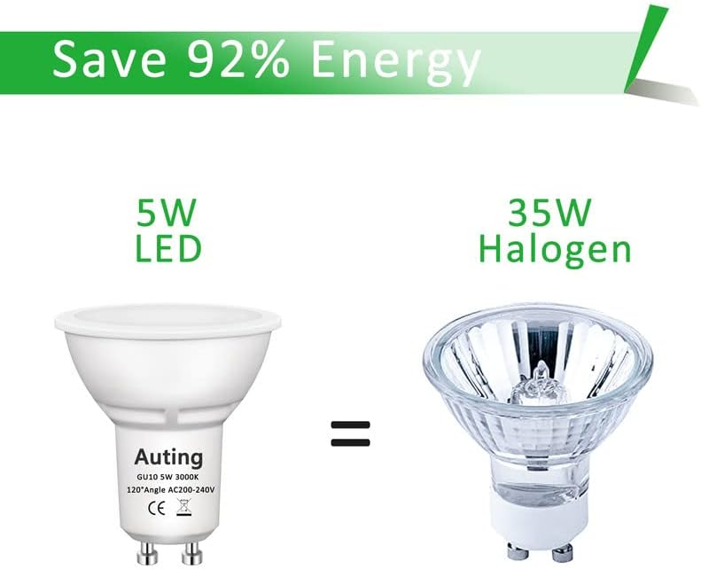 Auting GU10 LED Light Bulbs Warm White (3000K), Gu10 Led 5W 400 Lumens Led GU10 Bulbs Replacement for 35W Halogen Bulb, 120 ° Beam Angle, CRI> 82, 220-240VAC, 10 Pieces