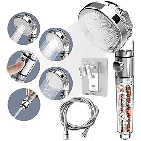 Timisea Ionic Shower Head, Handheld Supercharge High Pressure Water Saving Showers, 4 Modes Adjusted Filter Showerhead, with hosepipe and Holder, Suitable for Dry Skin and Hair, with EcoStop Button Cover