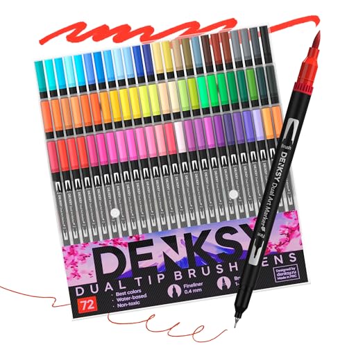DENKSY 72 marcadores de acuarela de doble punta con pincel y punta fina, marcadores de doble punta a base de agua para bocetos, letras, caligrafía e ilustración, punta de 2 mm