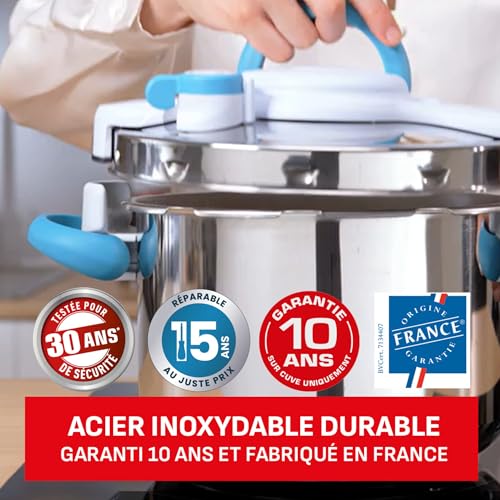 Seb 6 litri Pressure Cooker, Induzione, Stainless Steel Pressure Cooker, Foldable Handles, 100 Recipe Booklet, Made in France, ClipsoMinut'easy+ Blue P4900716 - immagine 6
