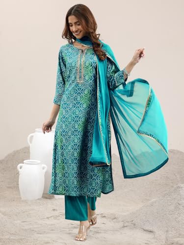 Image of Libas Blue Printed Viscose Straight Kurta set for Women | daily wear suit