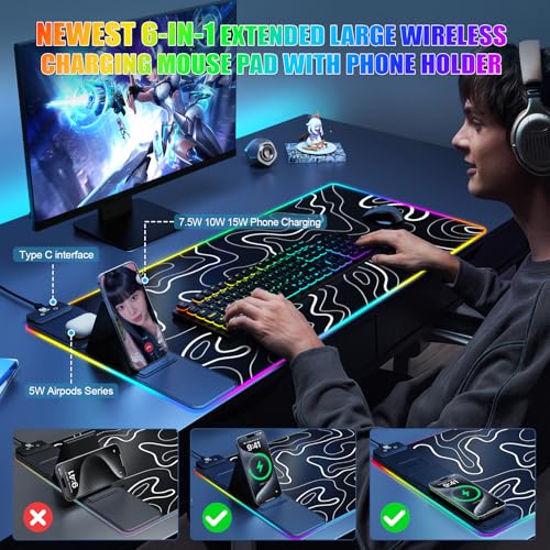 Image of Mouse Pad with Phone Holder, Wireless Charging Desk Mat, RGB Gaming Mousepad Home Office Large Desk Pad with Ultra-Smooth Surface, Non-Slip Base, Waterproof Keyboard Pad,Topographic Black