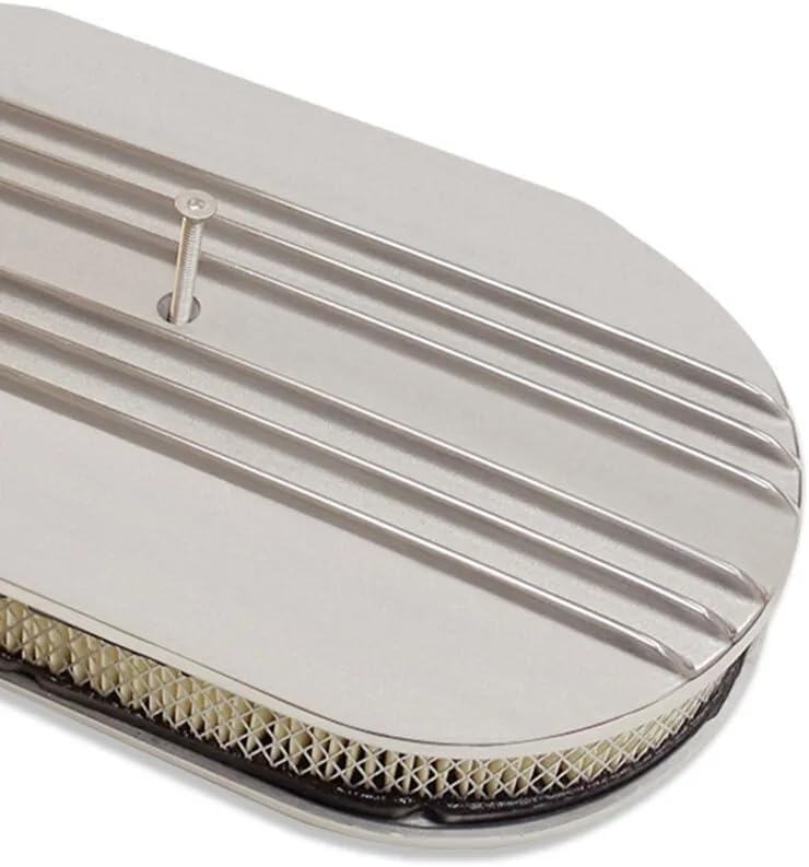 15" Oval Half Finned Black Aluminum Air Cleaner Compatible With Classic Chevy Ford Hot Rod Rat Rod Muscle Car or Custom Car SBC BBC Fits 5 1/8" Carburetors