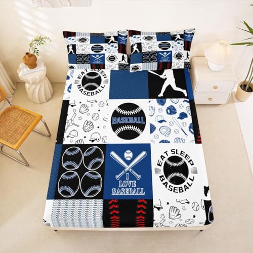Image of Castle Fairy Patchwork Baseball Fitted Sheet Set King Size 4 Pcs,Sports Geometric Grid Blue Teens Sheets,Baseball Bedding Sets (1 Fitted,1 Flat,2 Pillowcases)