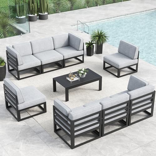 LayinSun Large Aluminum Patio Furniture Set, 9 Pieces Modern Outdoor Conversation Set Sectional Metal Sofa Set with Olefin Cushion