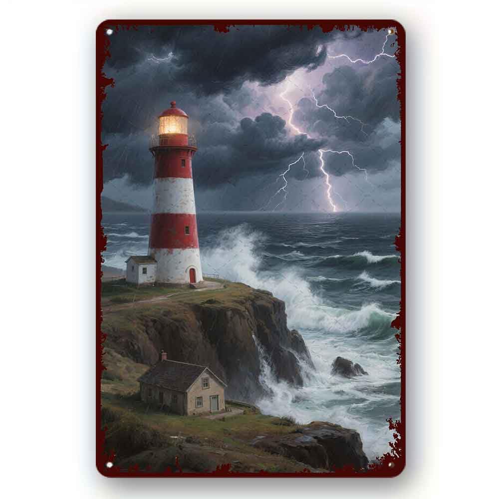 peiyeety Funny Metal Tin Sign Lighthouse in the storm Hanging Retro Sign Kitchen Wall Poster Cafe Bar Pub Man Cave Art Novelty Plaque 8x12 Inch