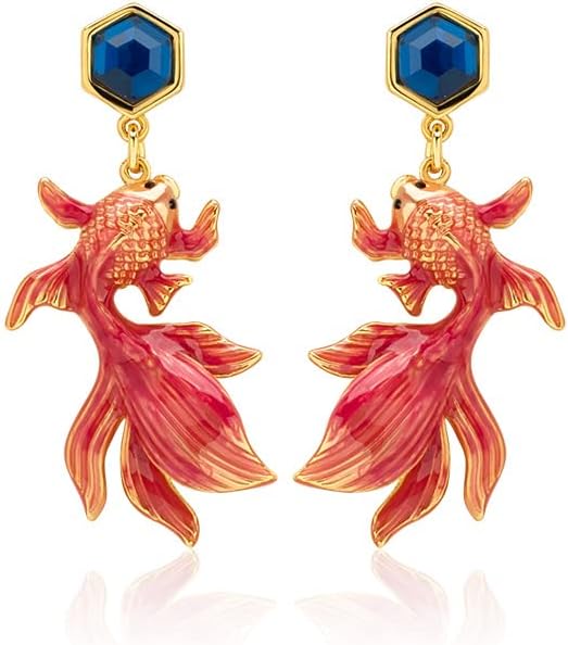 Red Fish Koi And Blue Stone Enamel Dangle Stud Earrings