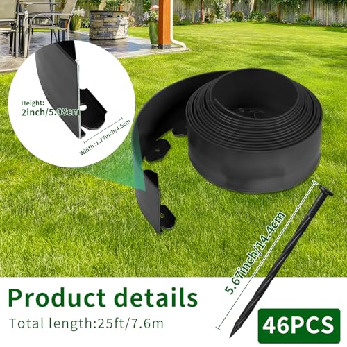 AggFencer Landscape Edging 2 in x 25 Ft, No Dig Garden Edging Border Kit with 46 Pcs Spikes for Garden Flower Bed Lawn Yard Grass Pathway, Black Flexible PE Material