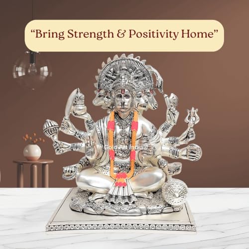 Image of Gold Art India Silver Plated Matte Panchmukhi Hanuman Idol | Bajrang Bali Murti for Mandir | with Enamel Work Showpiece Figurine for Home Temple, Gifting(23L x 18W x 23H cm) (SILVERMATTE)