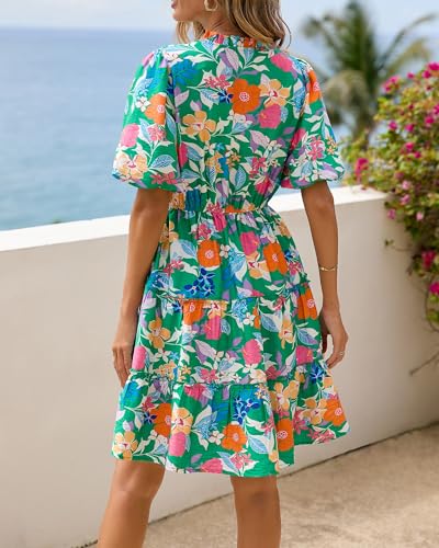 BTFBM Women Summer Floral Short Dresses V Neck Short Sleeve Tiered Ruffle Boho Swing Dress A-Line Mini Dresses(Floral Green Orange,Small) — view 6