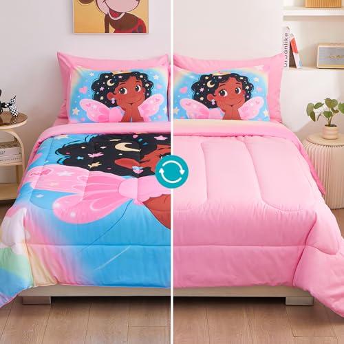 Image of Black Girl Princess with Wings Comforter Set for Girls,Pink Blue Gradient Glitter Rainbow Galaxy 7 Piece Kids Bedding Set Queen,Bed in a Bag with Comforter Sheets Pillowcase & Sham