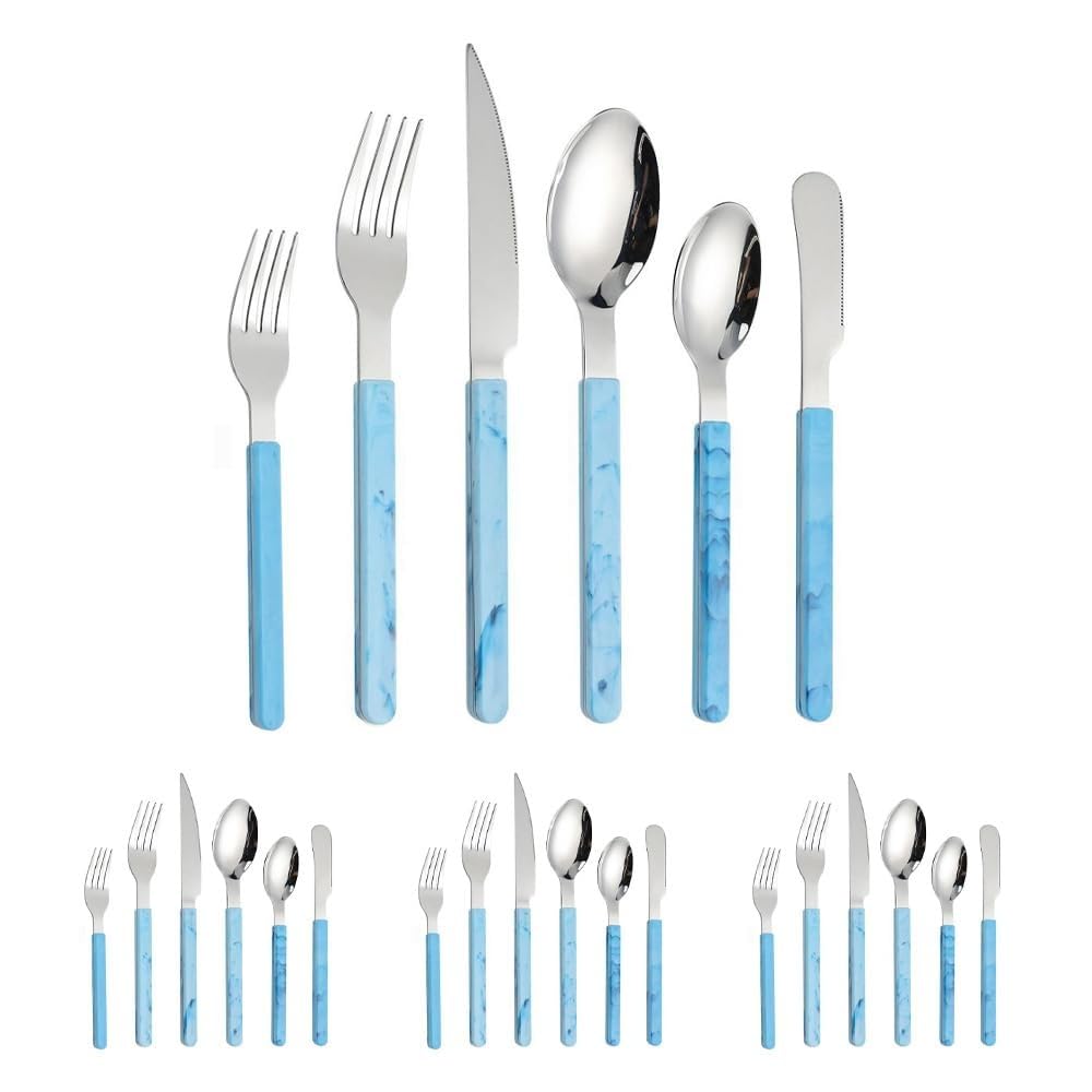 Retro Stile Cinese PP Maniglia Da Cucina in Acciaio Inox Argenteria Da Tavola Posate Set Di Posate Coltello Da Bistecca Forchetta Cucchiaio Cucchiaino (Blu,24 pezzi)