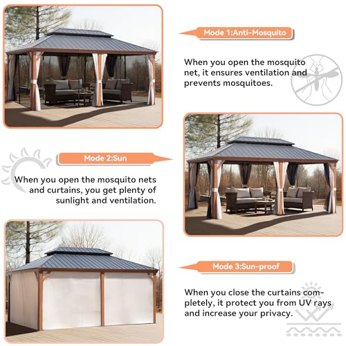 Joyside 12' X 18' Double-Tier Hardtop Gazebo, Thermal Transfer Faux Wood Metal Gazebo with Galvanized Steel Roof Curtain and Netting, Permanent Gazebo Pavilion for Patio, Backyard, Deck, Lawn - Image 8
