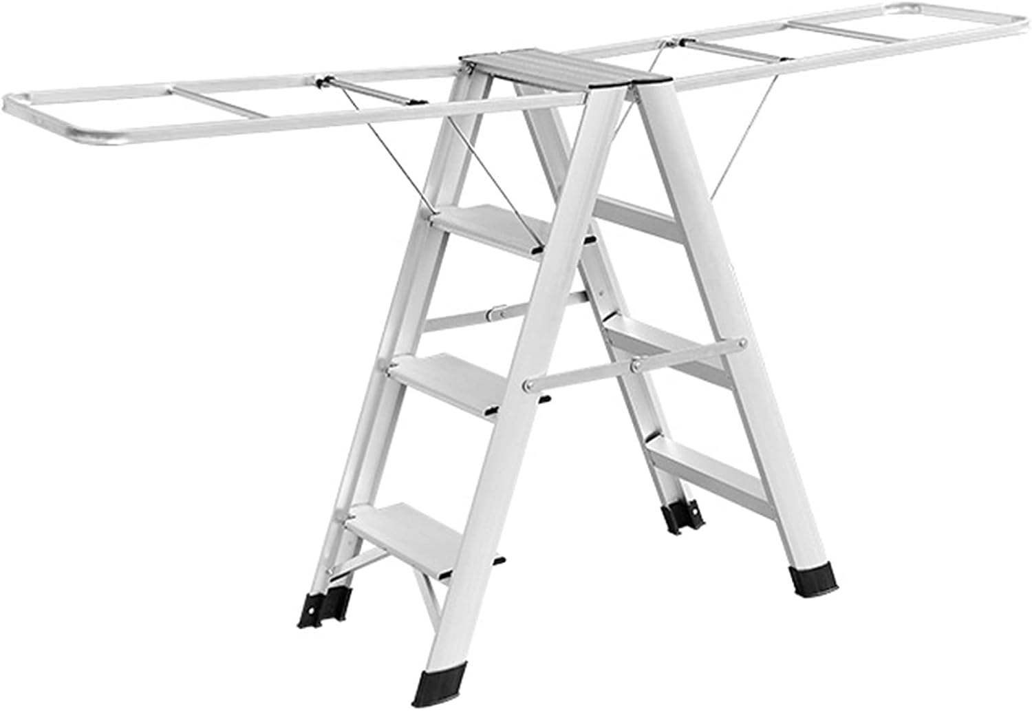 Aluminum Multifunctional 4 Step Ladder Foldable Wing Drying Laundry Rack with Wide Anti-Slip Pedal Free Installed for Home Load-Bearing 330Lbs,Champagne