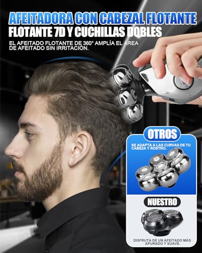 Afeitadora Cabeza Hombre 5 en 1, Afeitadora Eléctrica 7D Impermeable IPX5 con Pantalla LED, Carga USB-C, Kit de Afeitadora de Cabeza Multifuncional para Rostro y Barba - imagen 4
