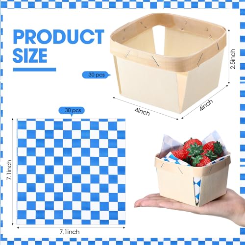 Thyle 60 Pcs/30 Sets Wood Berry Basket with Gingham Wax Paper Sheets Farmer Market Shower Party Favor Small Container Boxes for Friut Vegetable Locally Grown Baby Shower Display Gift(Plaid,Blue) by Thyle - Used condition - Image 3
