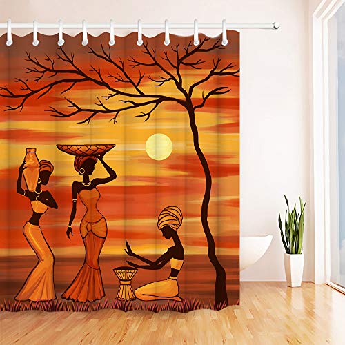 Rnnjoile African Woman Shower Curtain Set Traditional African Girls Labouring Under Sunset Tree Curtain African Custom Fabric Bathroom Decor With Hooks 72"X72" Inches Yellow Burnt Orange #TOP1
