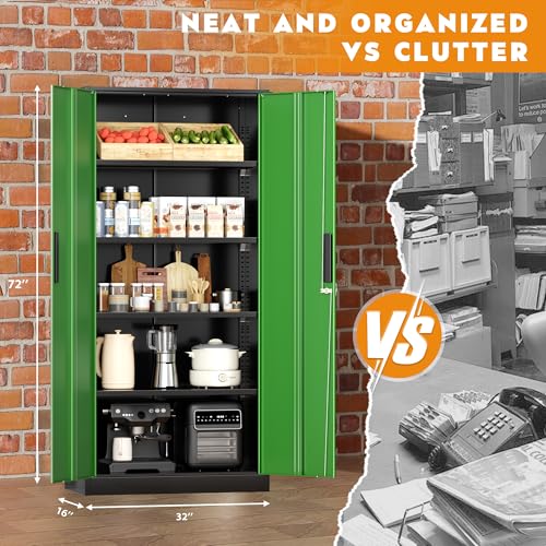 Image of Greenvelly Metal Garage Storage Cabinet, Steel Lockable Storage Cabinet with Doors and Shelves,Office Storage Cabinets, Tall Metal Cabinet for Garage Office School Gym Warehouse