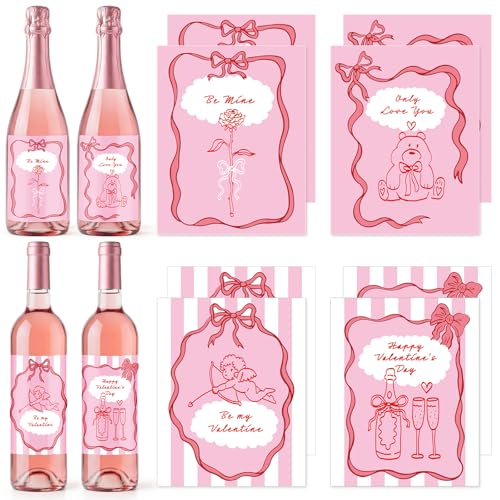 Epakh 8 Pcs Valentine's Day Wine Bottle Label Stickers Bulk Pink White Bottle Stickers Waterproof Be Mine Decals for Champagne Engagement Birthday Galentine's Day Party Decor Photo Prop, 4 Styles