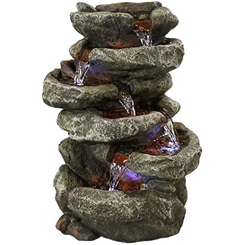 Sunnydaze 15" 6-Tier Tabletop Water Fountain with LED Lights, Stone Falls