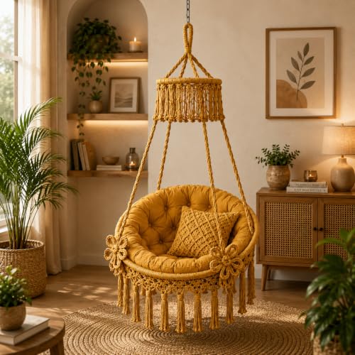 Image of Premium King Size Hammock Chair Swing with Cushion, 200kg Capacity | Indoor Outdoor Heavy Duty Adults & Kids Hanging Jhula for Home, Garden, Patio & Balcony | 1 Year Warranty (Yellow)