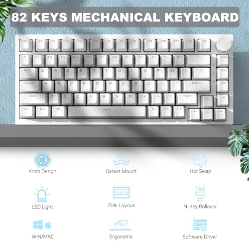 ATTACK SHARK Ajazz AK820 Mechanical Keyboard with CNC Knob Control,75% Gasket Mount Keyboard and Detachable USB Wired Gaming Keyboard for Win/Mac,Blue Light,NKRO,Blue Clicky Switch(White) - 1