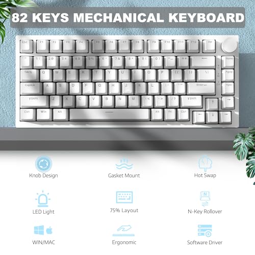 ATTACK SHARK Ajazz AK820 Mechanical Keyboard with CNC Knob Control,75% Gasket Mount Keyboard and Detachable USB Wired Gaming Keyboard for Win/Mac,Blue Light,NKRO,Blue Clicky Switch(White)