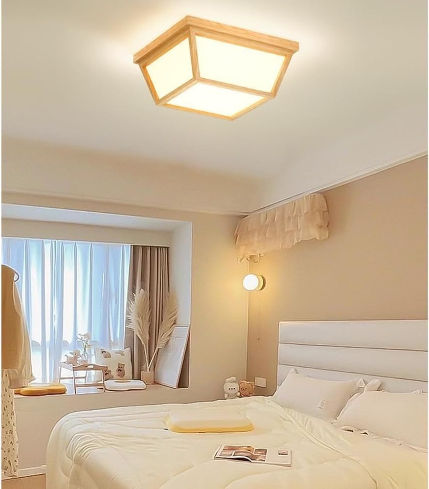 Japanese Simple LED Flush Mount Ceiling Light, Wood Lamp E27 Close To Ceiling Lamps, 3-color Dimming High-Light Acrylic Lampshade Chandelier Lighting For Balcony Corridor Lighting Fixtures(46cm