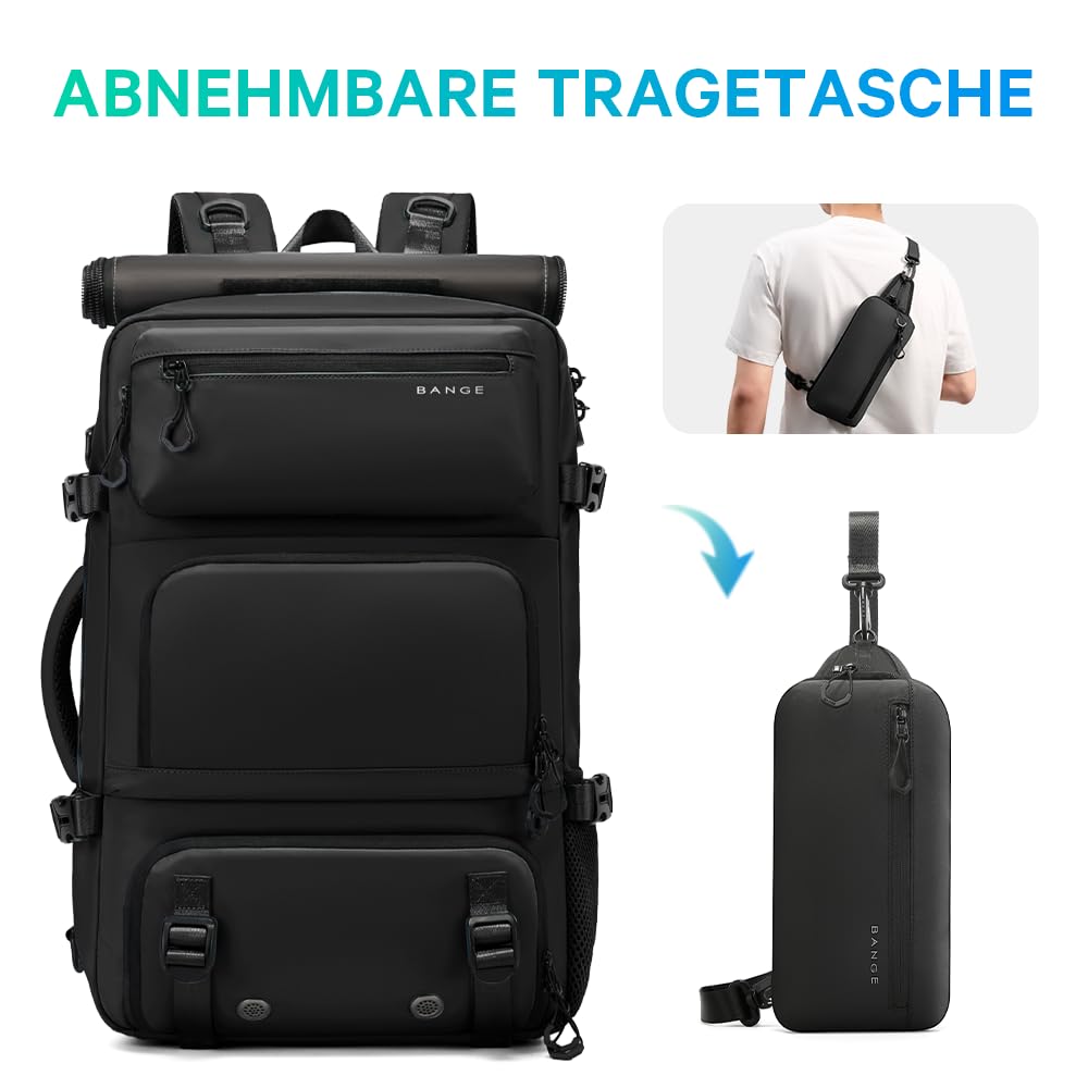 BANGE Anti-Diebstahl-Rucksack, 3-in-1-Handgepäck-Rucksack mit abnehmbarer Schultertasche und Schuhfach, wasserabweisend, für Business, Übernachtung, Reiserucksäcke für Damen und Herren, Schwarz, L