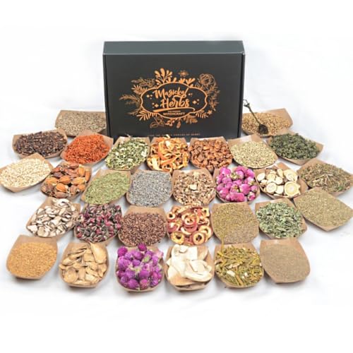 Pentagramtree 30 Dried Herbs for Witchcraft & Ritual Incense Magical Kit for Spell Jars Smudging Spiritual Healing Wiccan Altar Supplies & Crystal Spoon