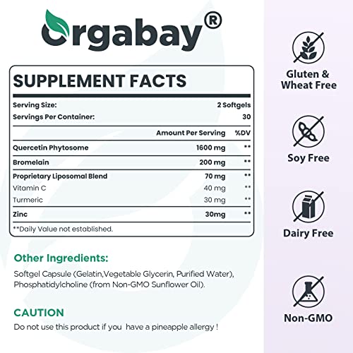 Orgabay Liposomal Quercetin Phytosome 1600 mg,Bromelain 200mg,Zinc 30mg,Vitamin C Turmeric 40 mg,Highest Absorption,Quercetin Complex, 120 Softgels