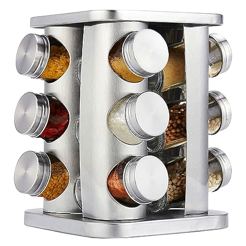 Image of Bigkart Revolving Stainless Steel Spice Rack | Seasonings & Spices Storage Organizer | Set of 12 Jars - Glass & Stainless Steel (Circle)