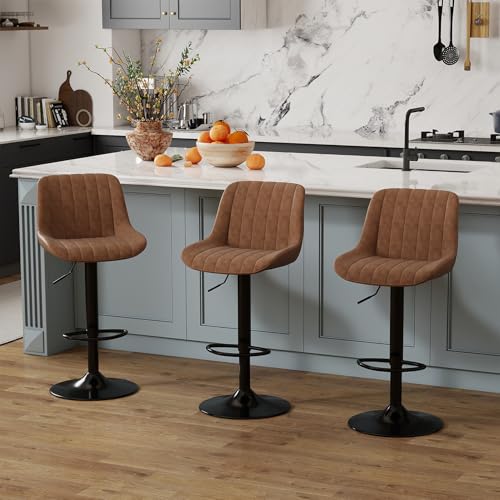 Image of Youhauchair Adjustable Faux Leather Bar Stools Set of 1, Brown1 | Swivel, Counter Height, Back & Footrest, Armless, PU, Modern, Kitchen Island Stool, Upholstered Dining Room Chair