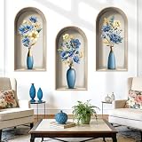 decalmile Adesivi Murali 3D Fiori Peonia Blu Adesivi da Parete Vaso Fiori Floreali Oro Foglie Decorazione Murale Camera da Letto Divano TV Soggiorno