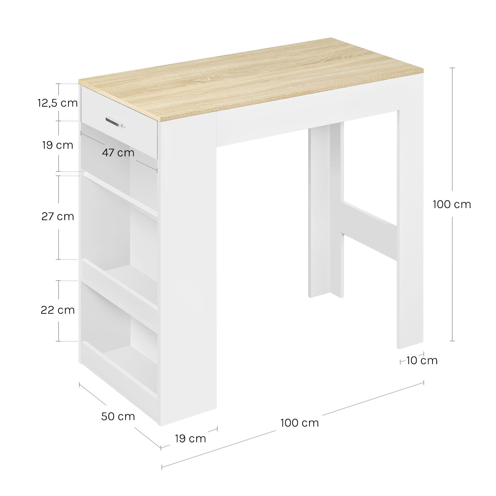 WOLTU Table de Bar, Table Haute Cuisine, 1 Tiroir et 3 Compartiments Ouverts pour Rangement Latéral, en Bois d'Ingénierie (avec Planches en Bois, Chêne Clair + Blanc, 100 x 50 x 100 cm)